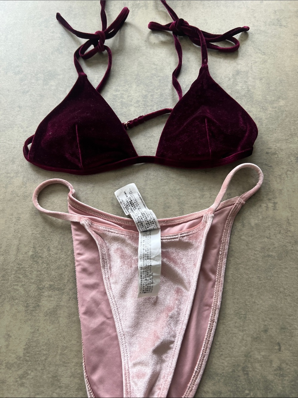 Forever 21 Velvet Triangle Bikini - Burgundy Top & Light Pink Bottom